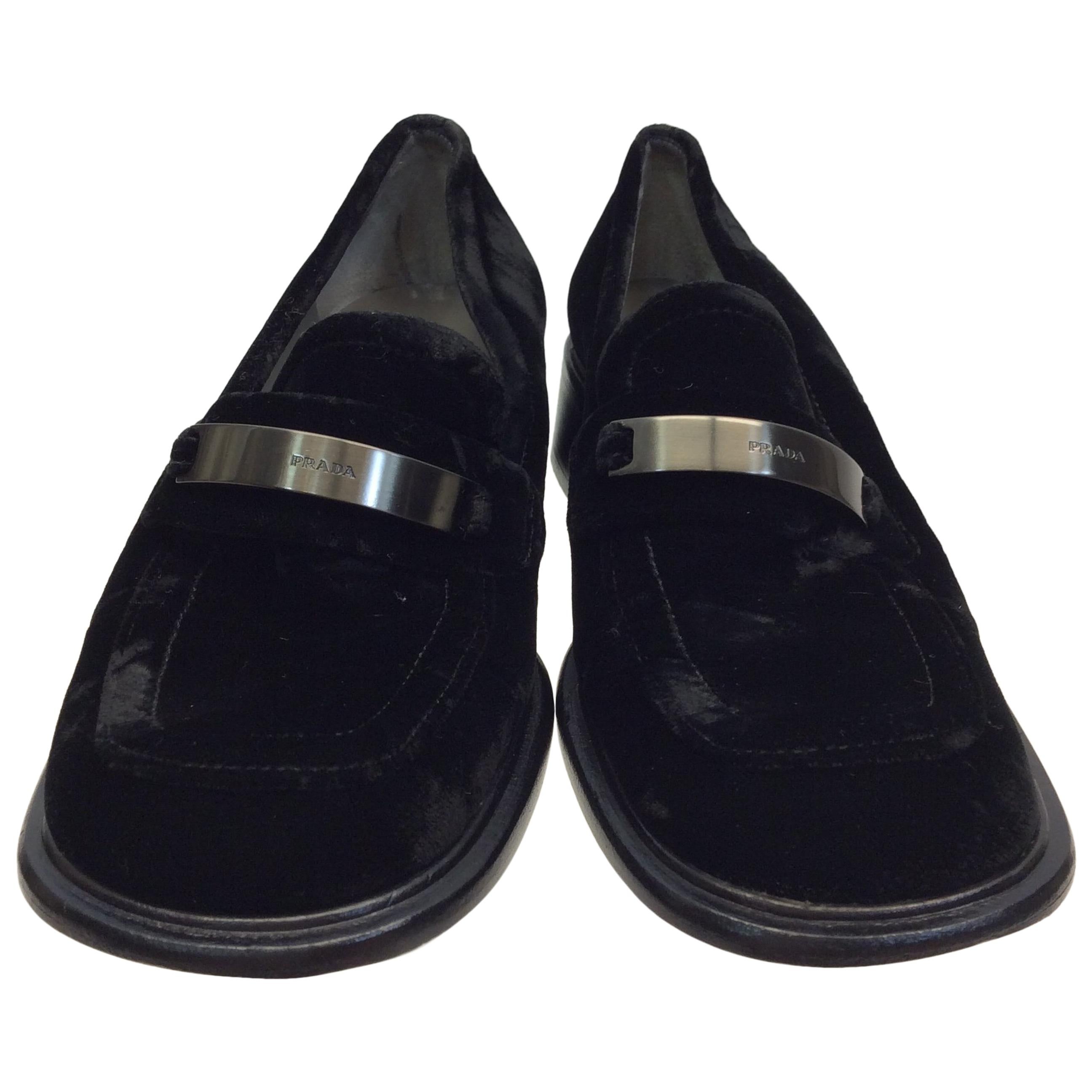 Prada Black Velvet Loafers with Silver Hardware For Sale