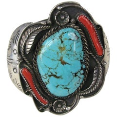 Vintage Sterling Silver Cuff Coral & Turquoise BRACELET Totem NAVAJO