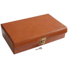 Saddle Leather Jewelry Box Dresser Valet Travel Case with Lock and Key, 1970s