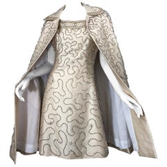 Gorgeous 1960s Jean Lutece Ivory Silk Beaded Two Piece 60s A Line Dress + Jacket