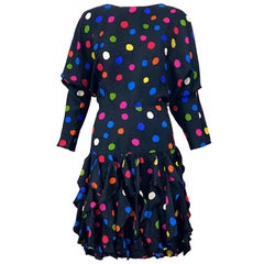 Retro Amazing 1980s Avant Garde Black Colorful Silk Polka Dot Flutter Skirt 80s Dress