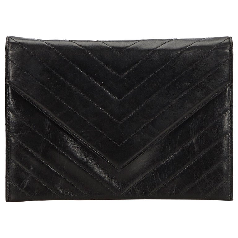 YSL Black Leather V Stitch Clutch at 1stdibs