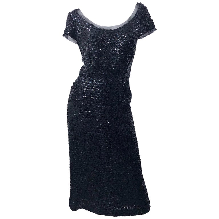Stunning 1950s Bullock's Wilshire Large Size Black Silk Sequined