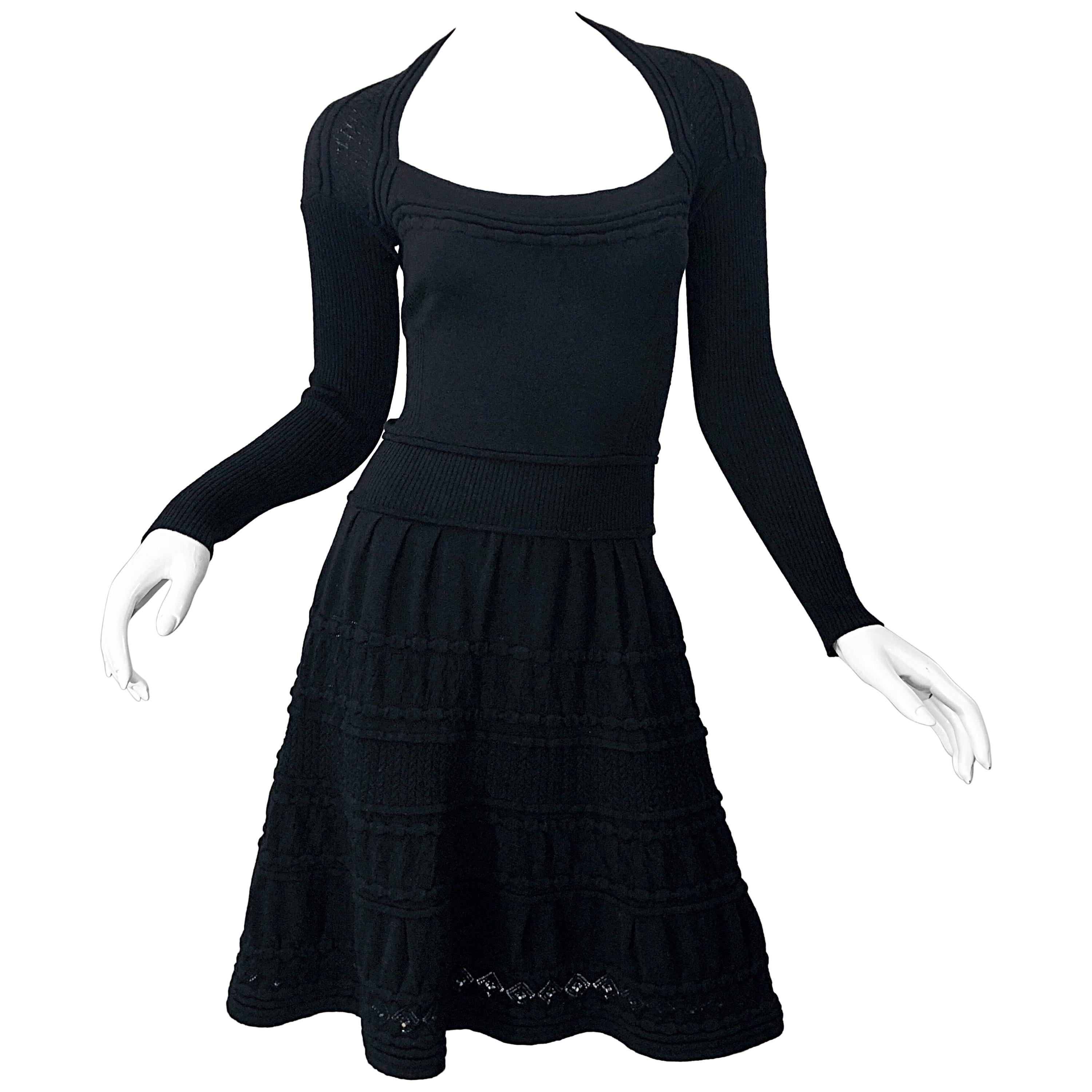 New w/ Tags D. Exterior Italian Made Black Lightweight Wool Knit Skater Dress For Sale