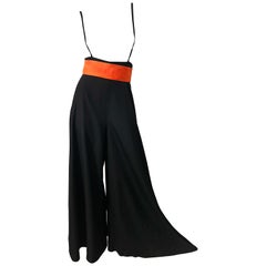 1970s Lilli Diamond Black + Orange High Waist Suspender Wide Leg Palazzo Pants