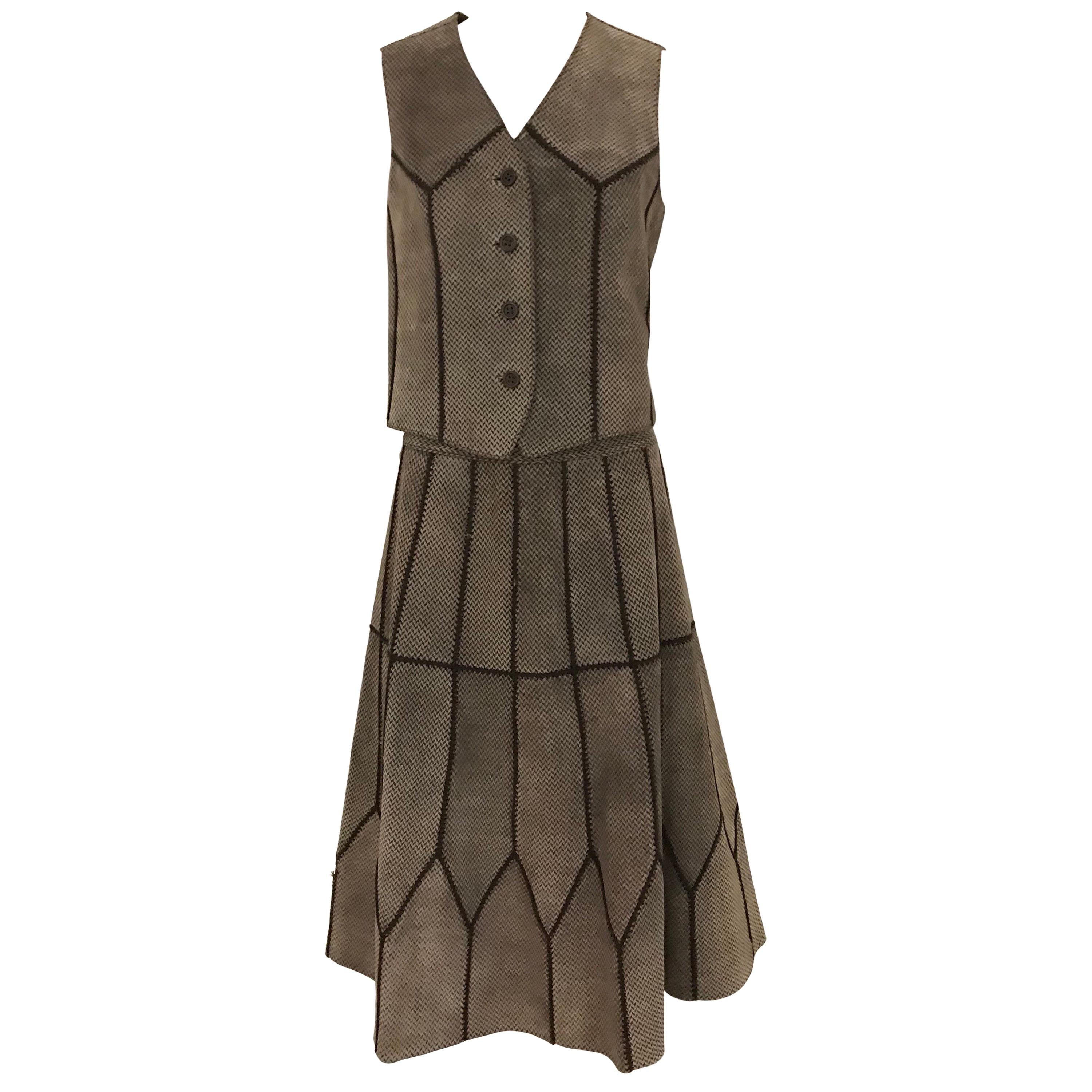 Neiman Marcus Italy Brown Suede Vest Chevron Print and Skirt set, 1970s 