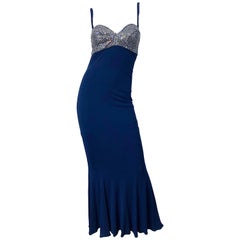 1990er Jahre Pamela Dennis Größe 4 Marineblau Silber Strass Vintage 90er Jahre BH-Kleid