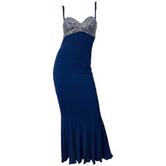 Pamela Dennis - Robe de soutien-gorge vintage bleu marine et argentée avec strass, taille 4, années 1990