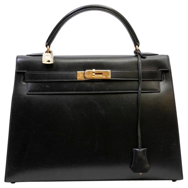 Hermes Vintage Black Box Leather Kelly 32 Bag 