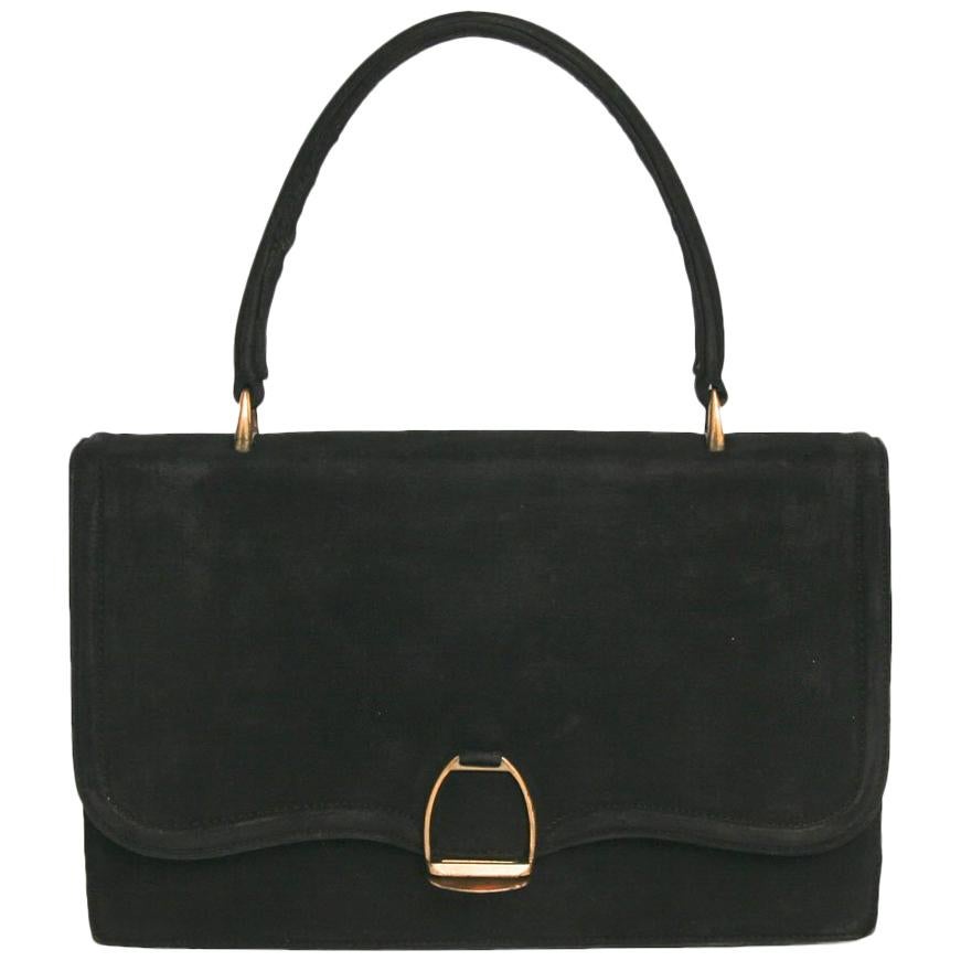 HERMES Vintage Etrier 24 Faubourg Saint-Honoré Bag in Black Suede Leather