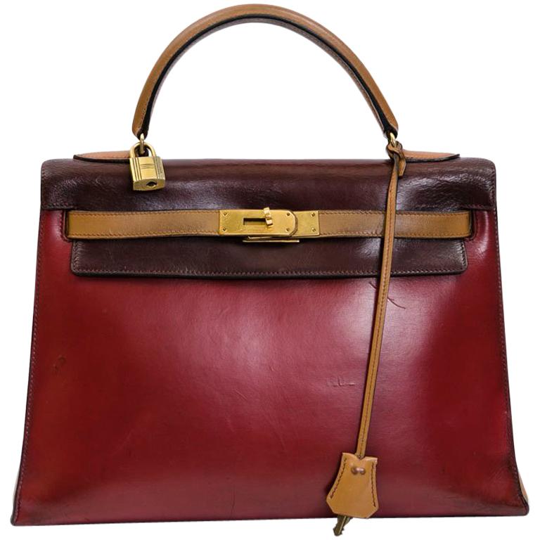 HERMES Kelly 32 Vintage Bag in Tricolor Box Leather