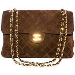 Vintage Chanel Timeless Double Flap Bag in Dark Brown Quilted Velvet Calfskin Leather