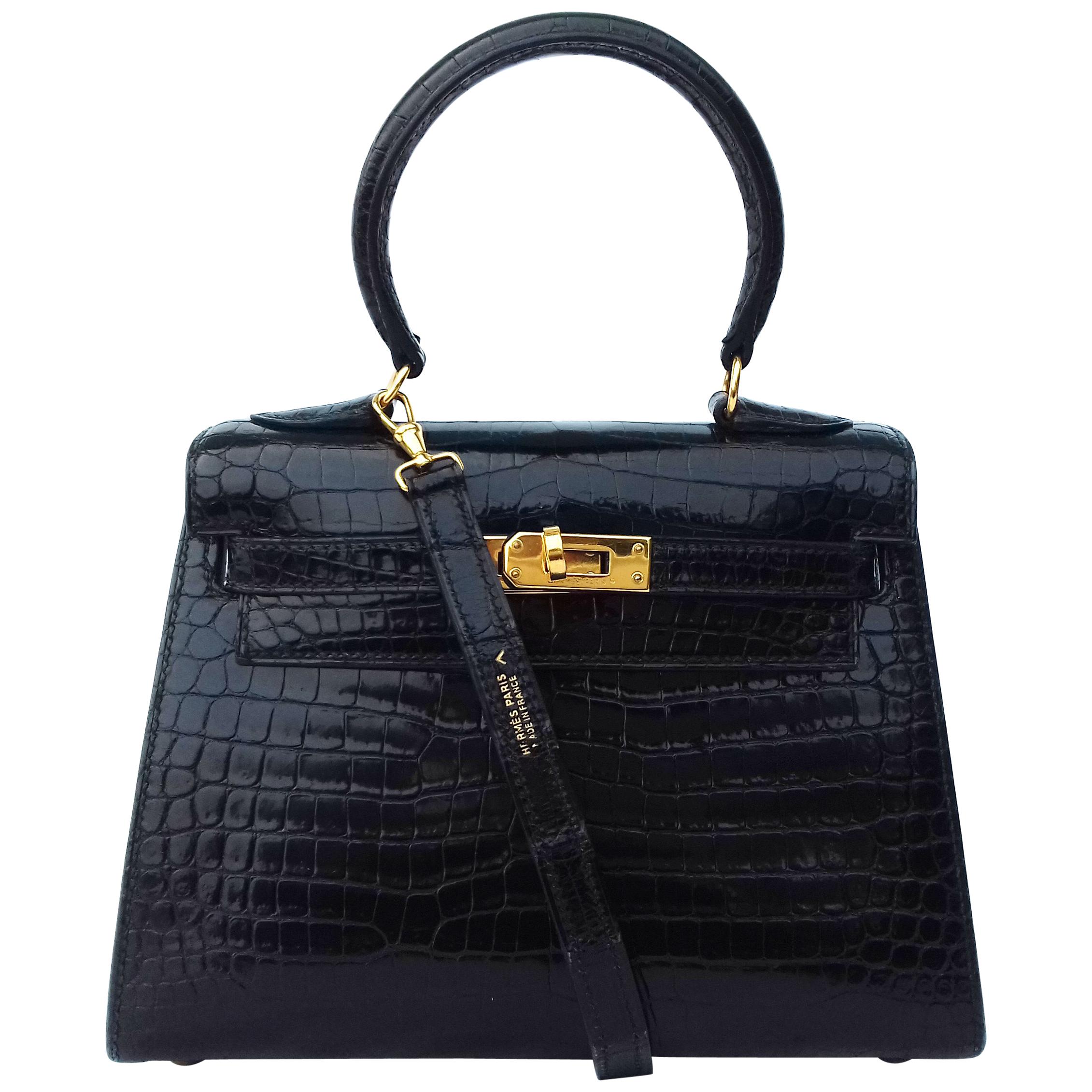 Hermès Mini Kelly Vintage Bag Sellier Black Croco Ghw 20 cm RARE