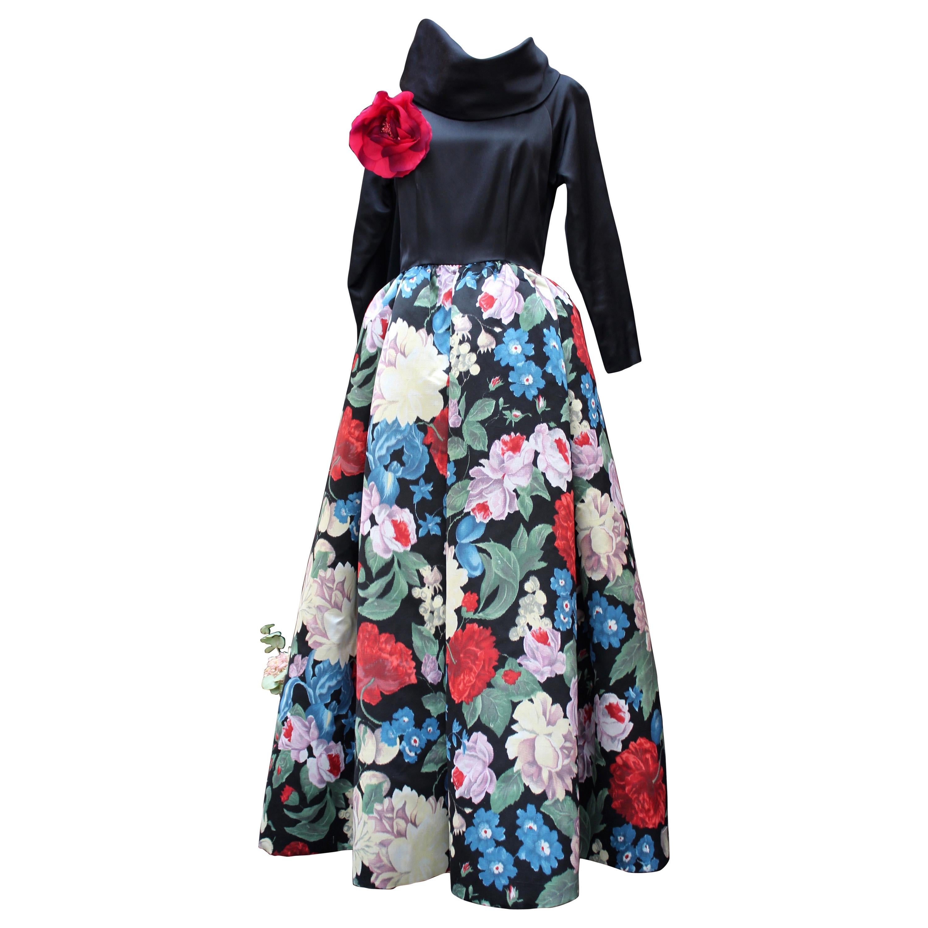 Nina Ricci silk taffeta evening gown with floral print, 1980s  For Sale