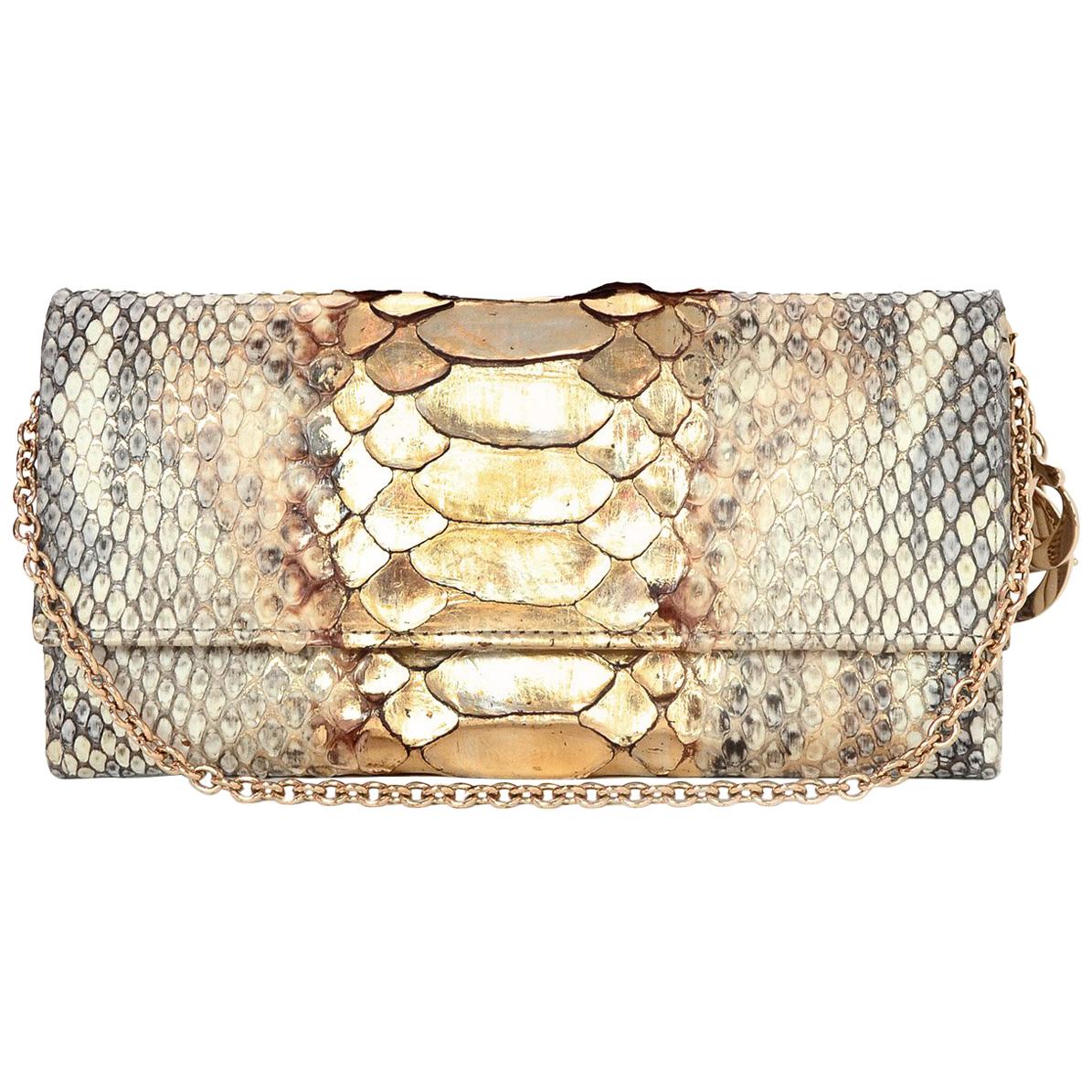 Christian Dior Gold Metallic Python Logo Charm Chain Wallet/Pochette Bag