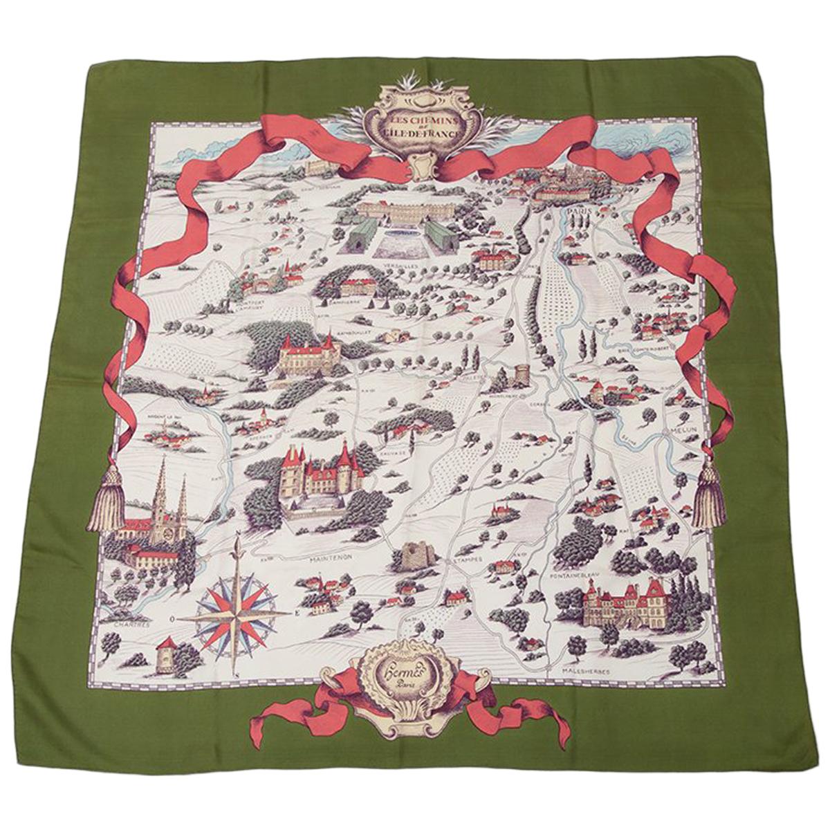 1953 Hermes "Les Chemins de l'Ile-de-France" Silk Twill Carre Scarf