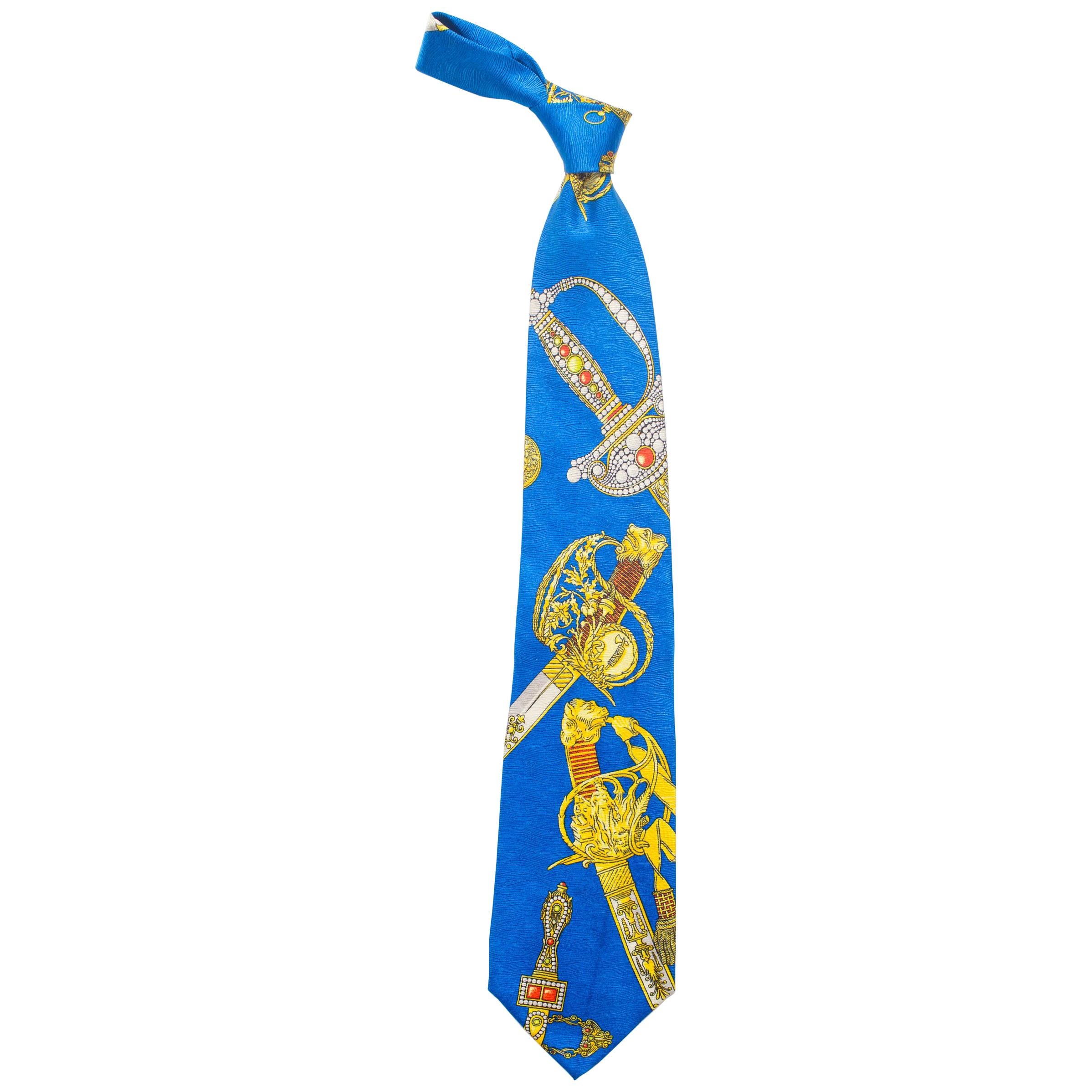 1990s Gianni Versace Bright Blue Mens Silk Tie With Gold Swords