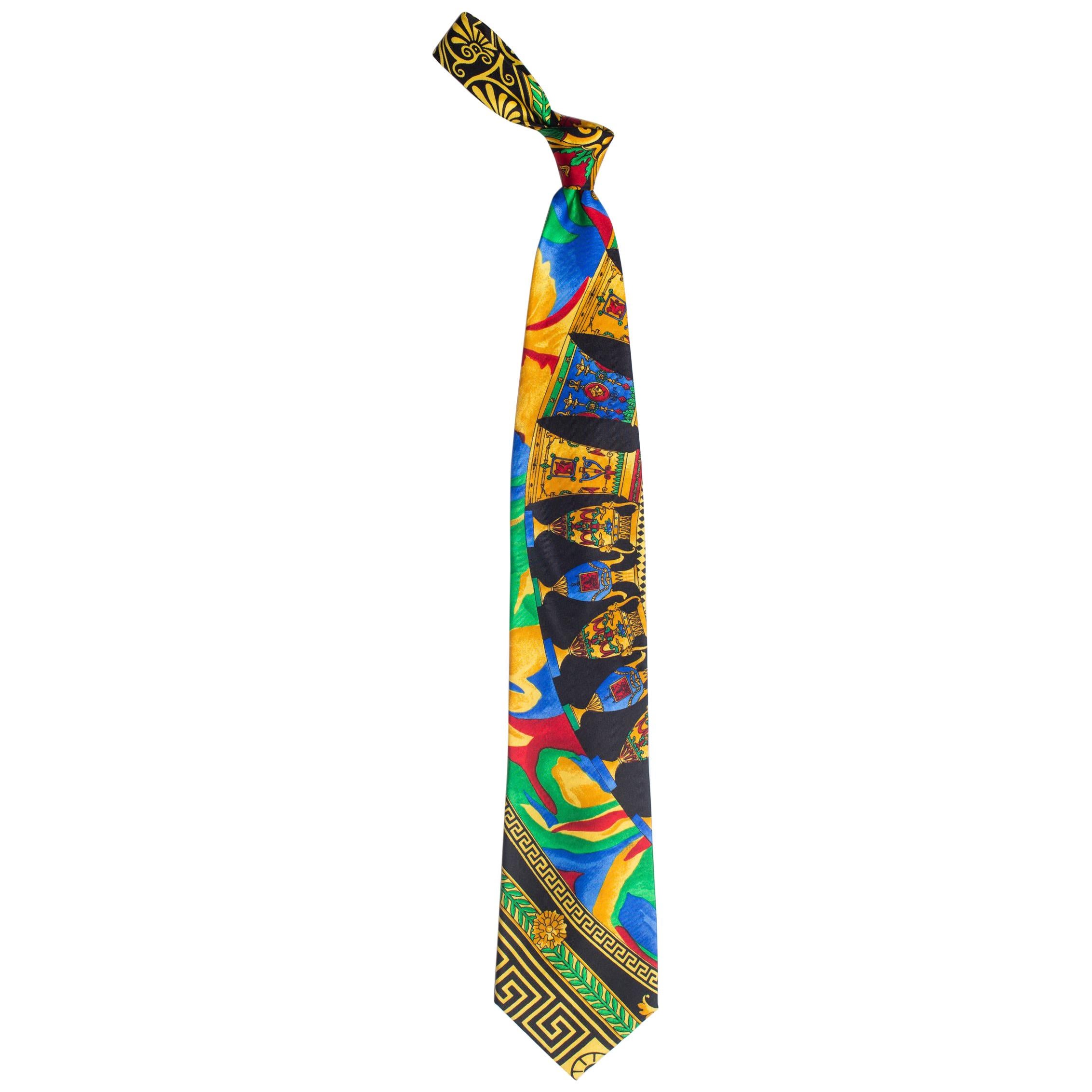 1990s Gianni Versace Greek Key and Vase Printed Silk Tie