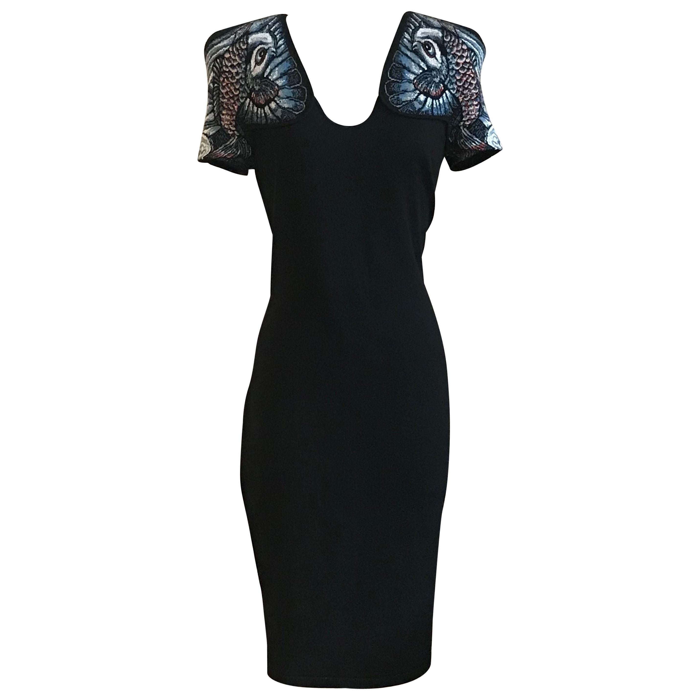 Alexander McQueen Blue Koi Fish Intarsia Inset Knit Black Dress