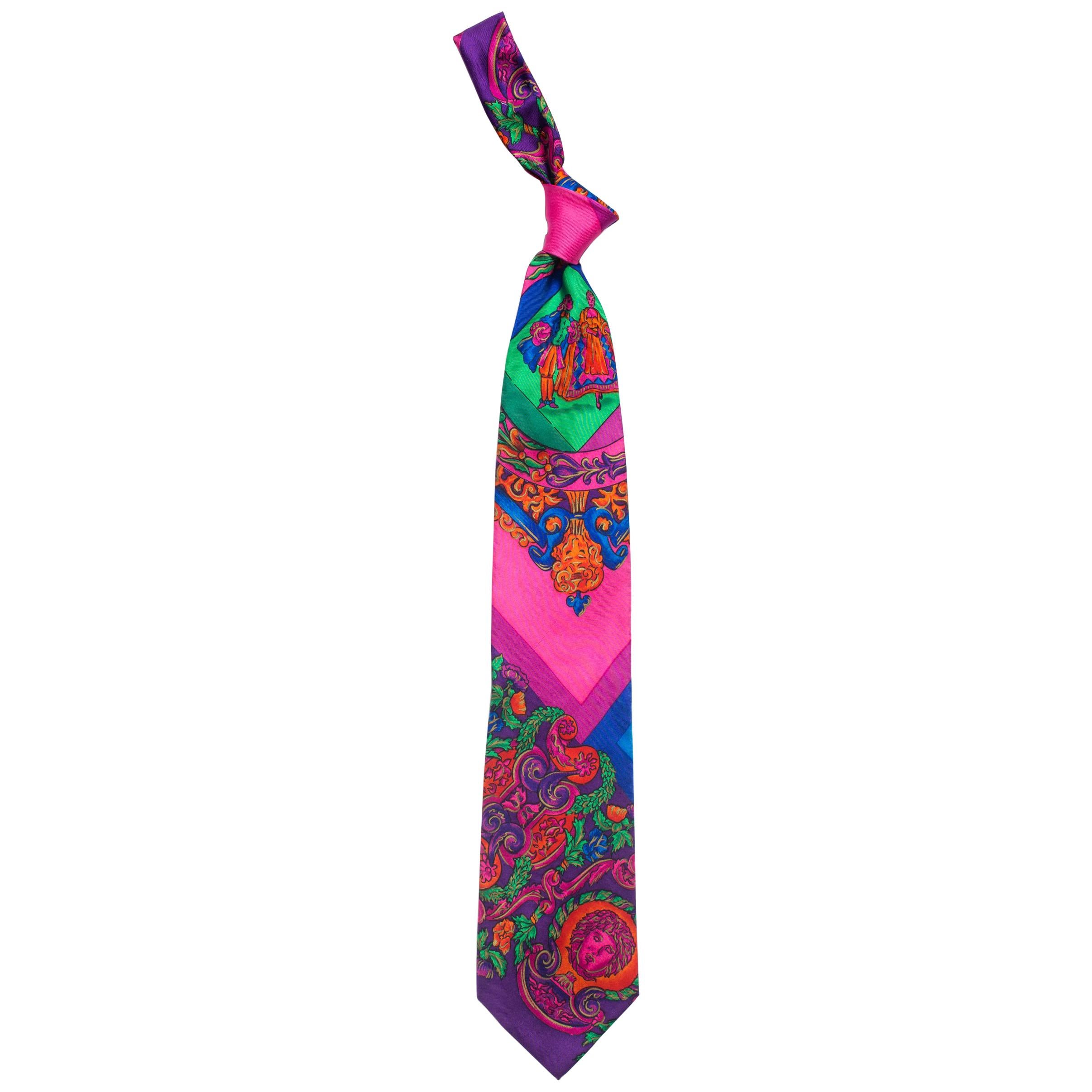1990s Gianni Versace Hot Pink Medusa Silk Tie with Gold Metallic Accents