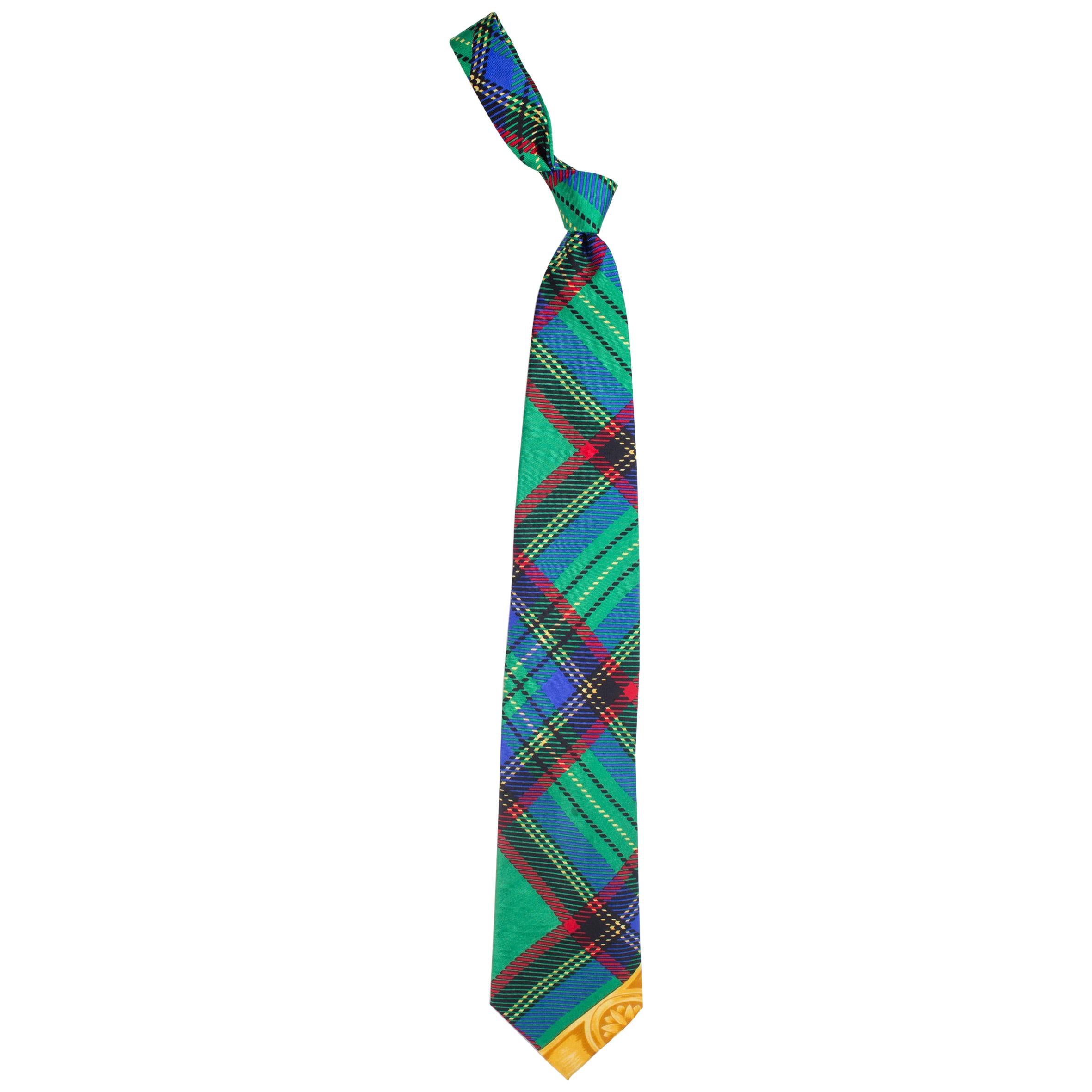 1990S GIANNI VERSACE Green Plaid Mens Silk Tie For Sale