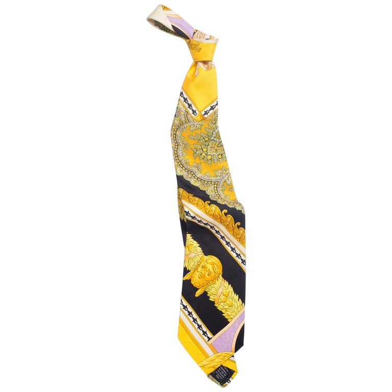 1990S GIANNI VERSACE Gold, Yellow and Purple Baroque Men's Silk Tie at