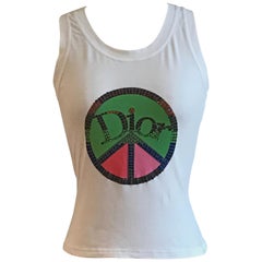 Christian Dior Rhinestone White Peace Sign Tank by John Galliano