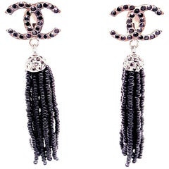2002 Chanel CC Gripoix Logo Top Multi Onyx Bead Strands Dangle Earrings
