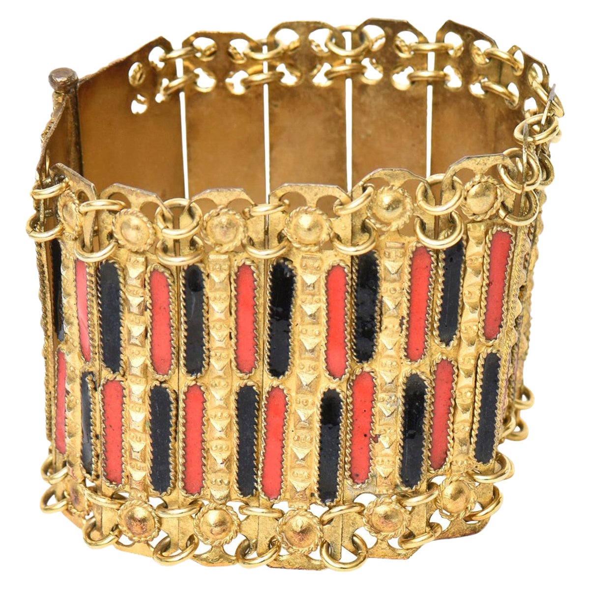  Vintage Grecian Gold Plated Metal With Red And Black Enamel Cuff Bracelet For Sale