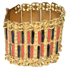  Vintage Grecian Gold Plated Metal With Red And Black Enamel Cuff Bracelet