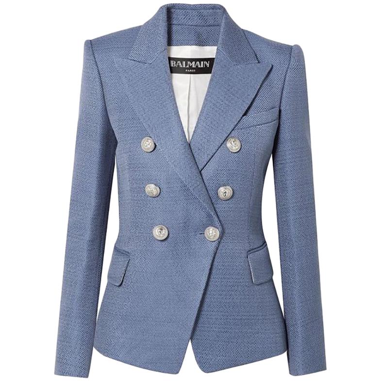 Balmain Cornflower Blue Tweed Blazer with Silver Lion Buttons - 12