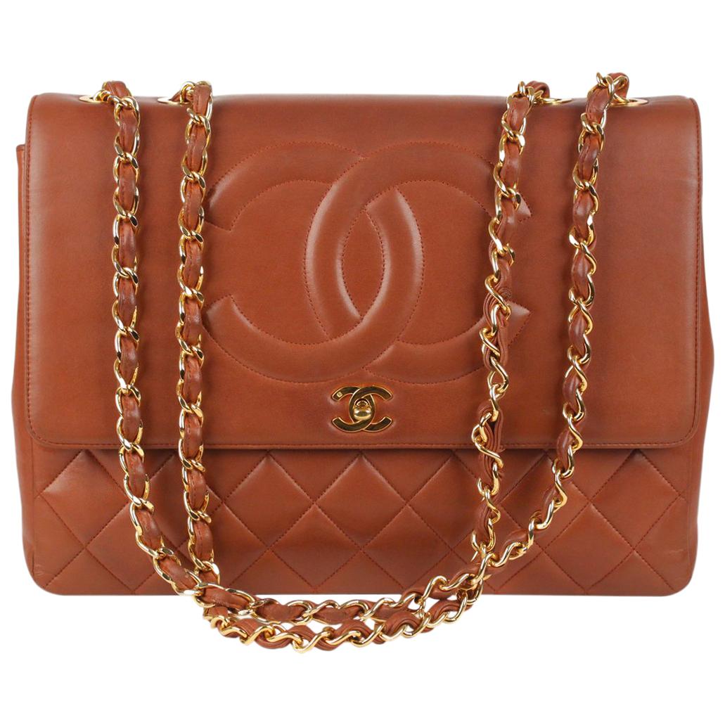 Chanel Vintage Brown Quilted Leather Jumbo Shoulder Bag with CC Logo