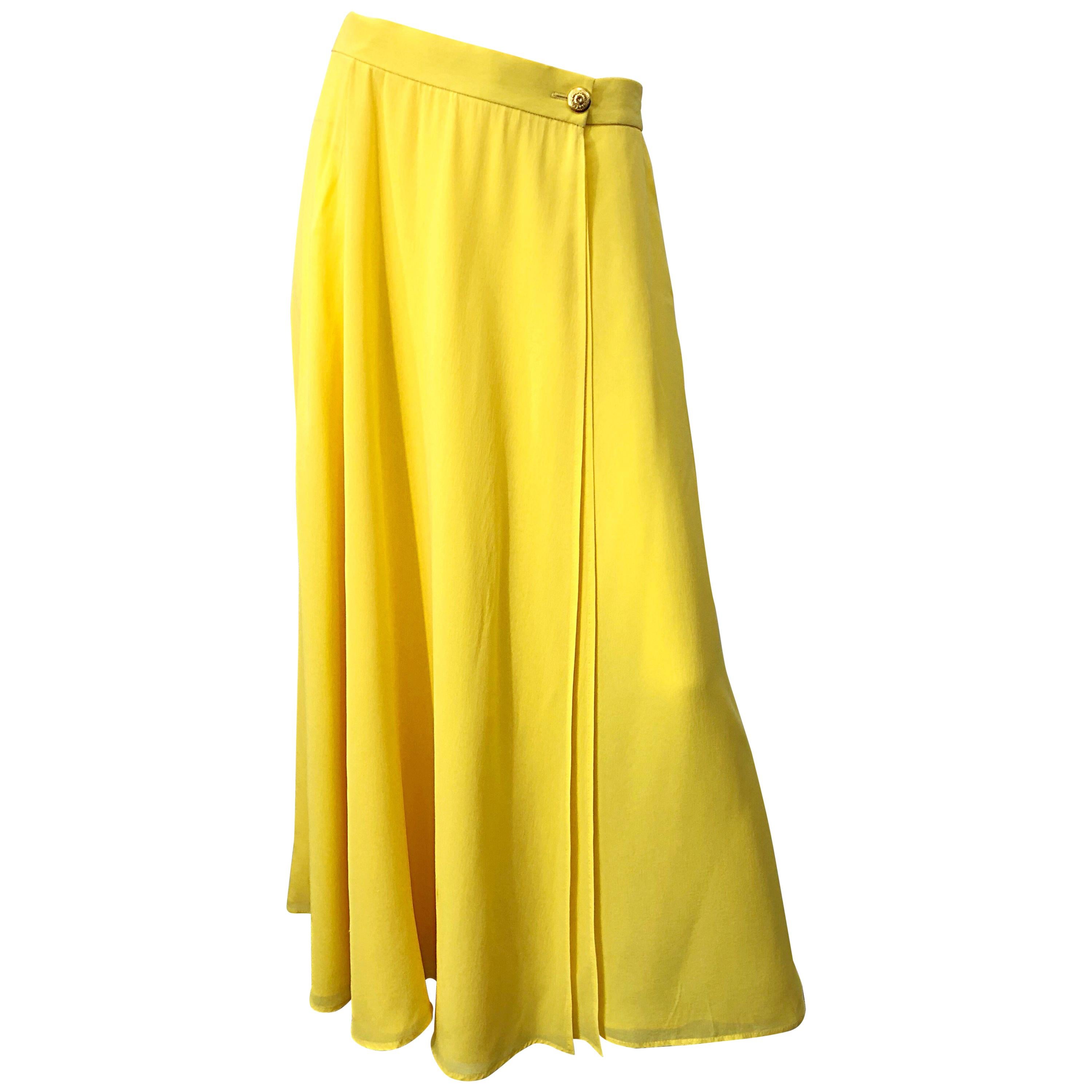 1990s Escada Margaretha Ley Sz 40 Canary Yellow Silk Chiffon Vintage Maxi Skirt