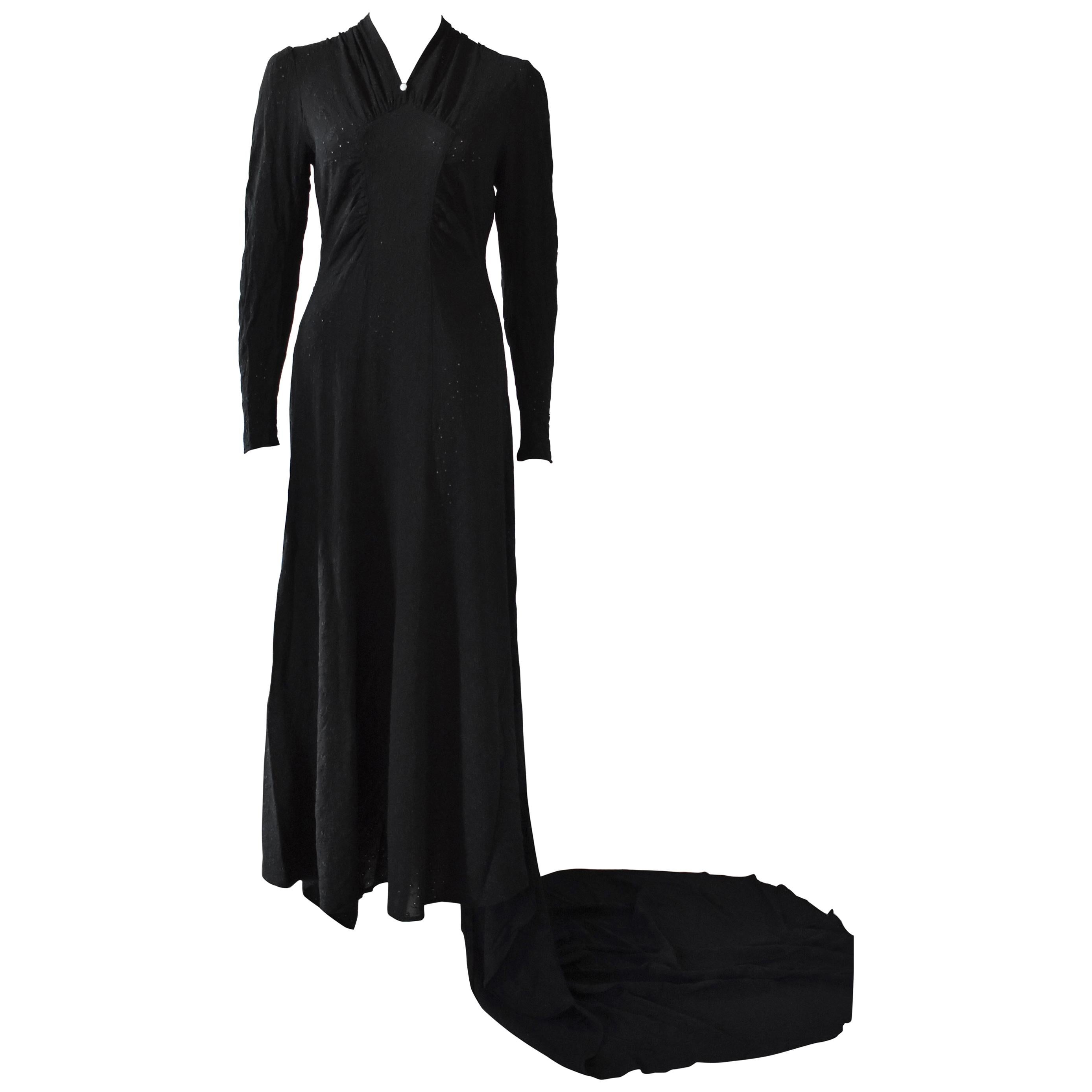 FINAL SALE Vintage Embroidered Hand-Made 1940's Black Gown with Long Train For Sale