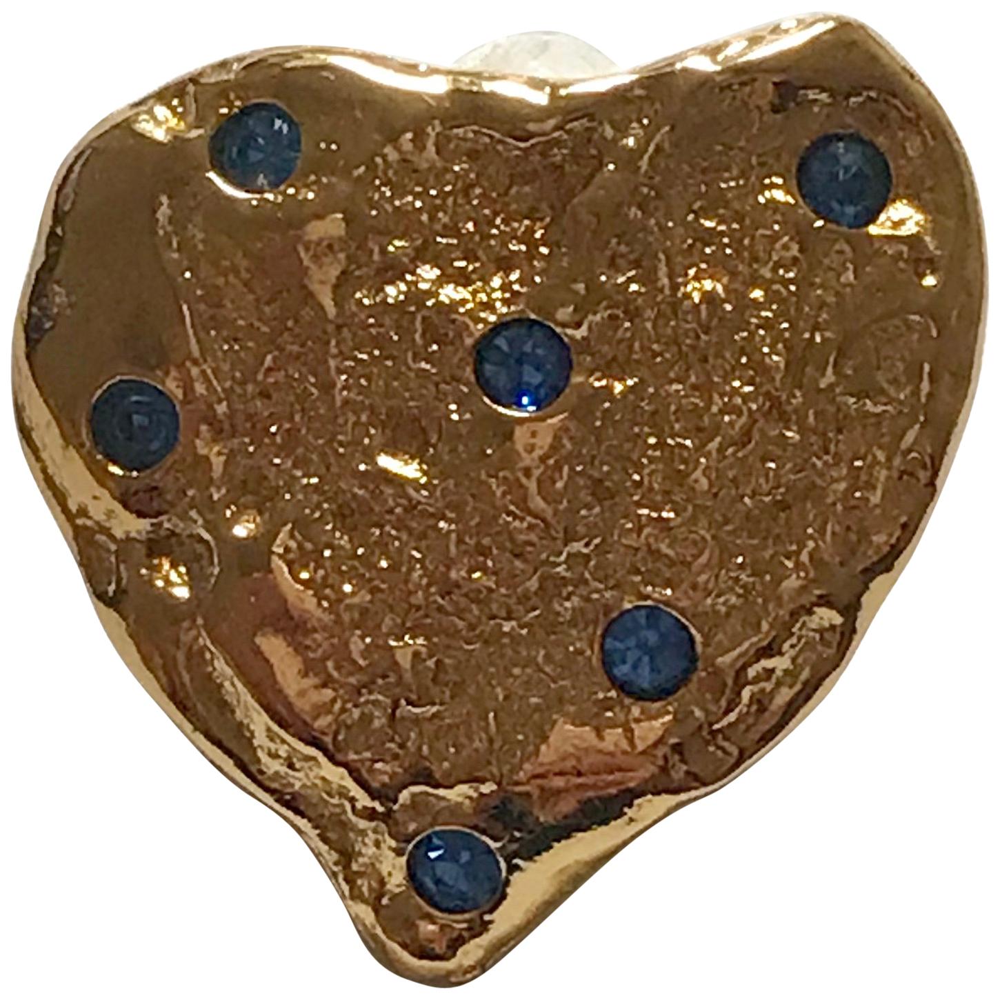 Yves Saint Laurent Vintage Gold Heart with Blue Crystals Pin Brooch