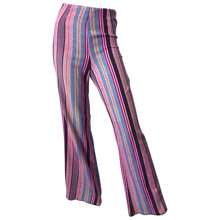 Fabulous 1970s High Waisted Pink + Blue Striped Vintage 70s Bell Bottoms Pants For Sale