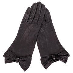 Carlos Falchi Black Leather Gloves with Bow Decoration Never Worn