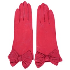 Carlos Falchi Red Leather Gloves with Bow Decoration Never Worn