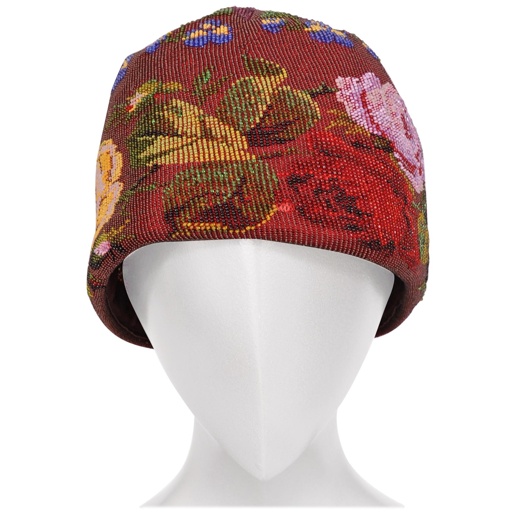 Victorian Micro Beaded Burgundy Hat with Colorful Floral Decoration