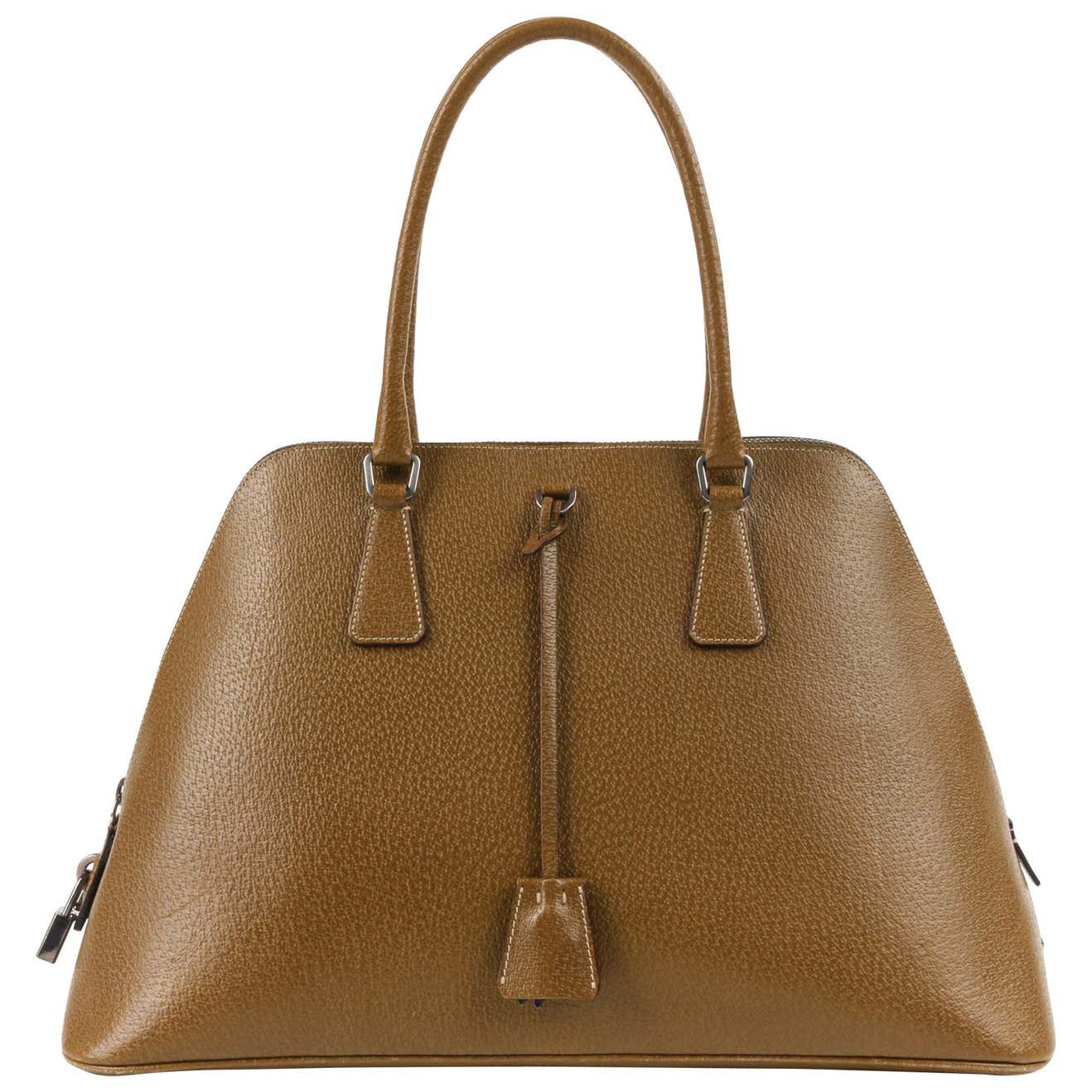 PRADA Olive Brown Leather Structured Top Handle Trapezoid Satchel Purse ...