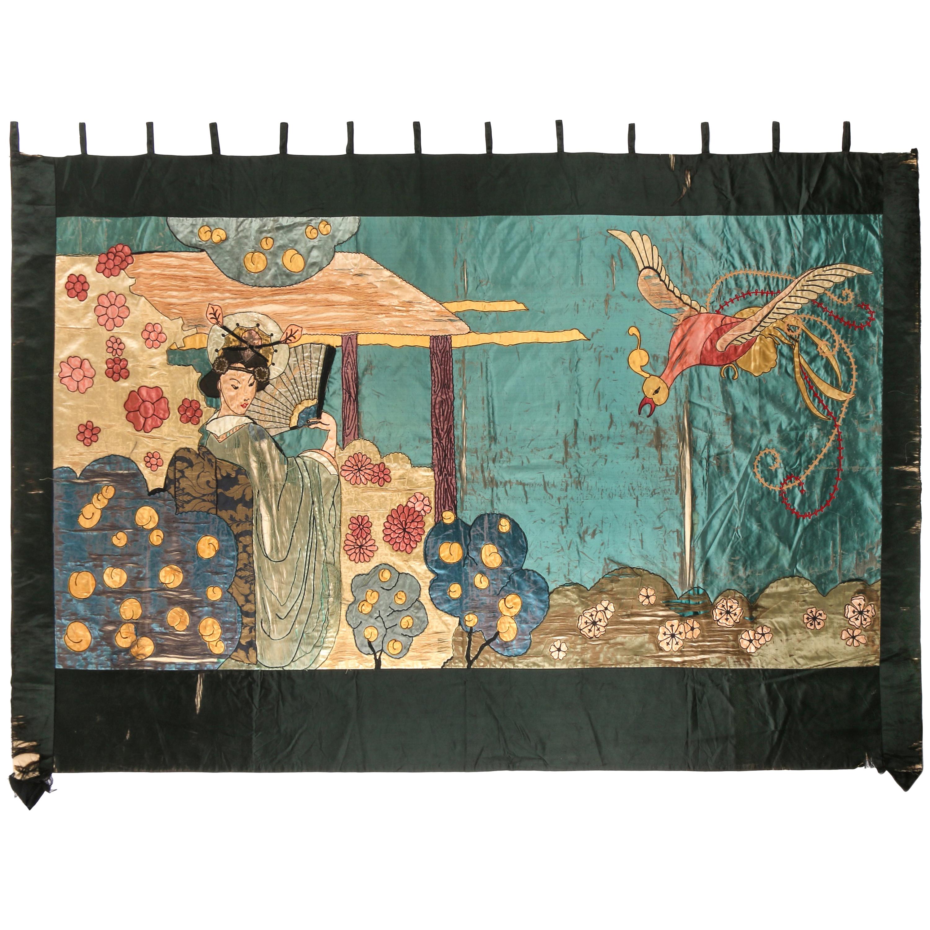 Vintage Silk Geisha & Phoenix Bird Hand Embroidered Large Wall Hanging Tapestry 
