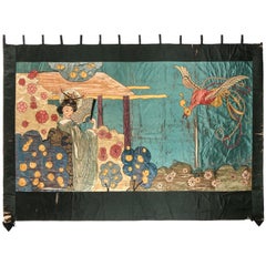 Antique Silk Geisha & Phoenix Bird Hand Embroidered Large Wall Hanging Tapestry 