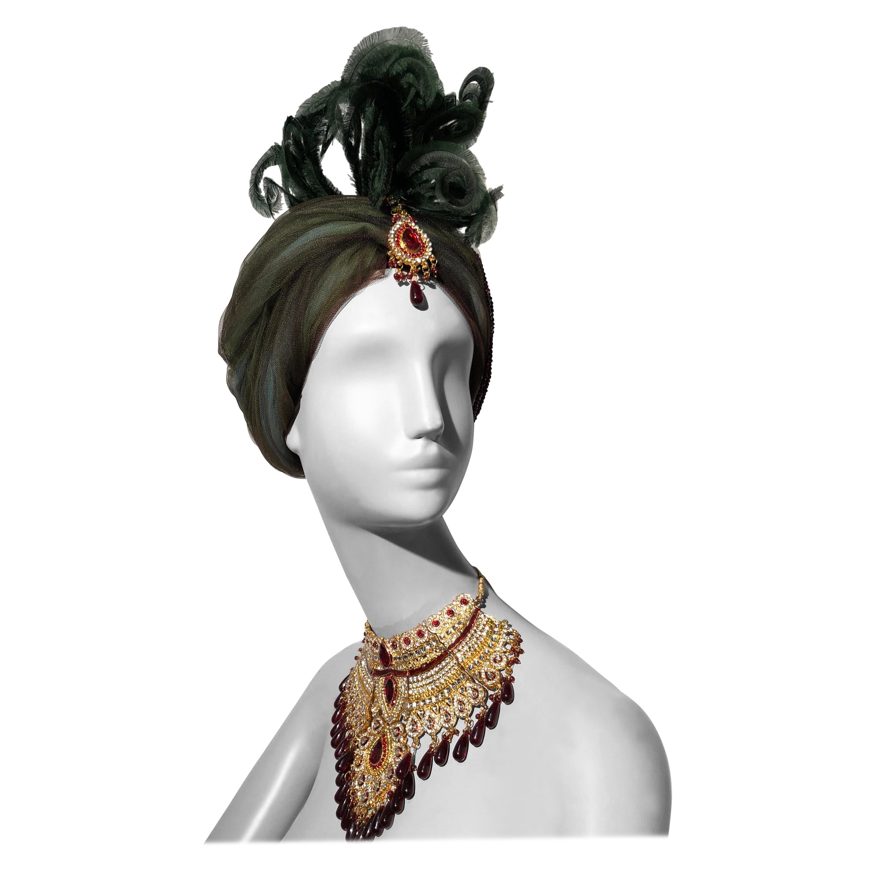 Tulle Turban With Curled Feathers and Authentic Indian Bib Necklace, 1960s 