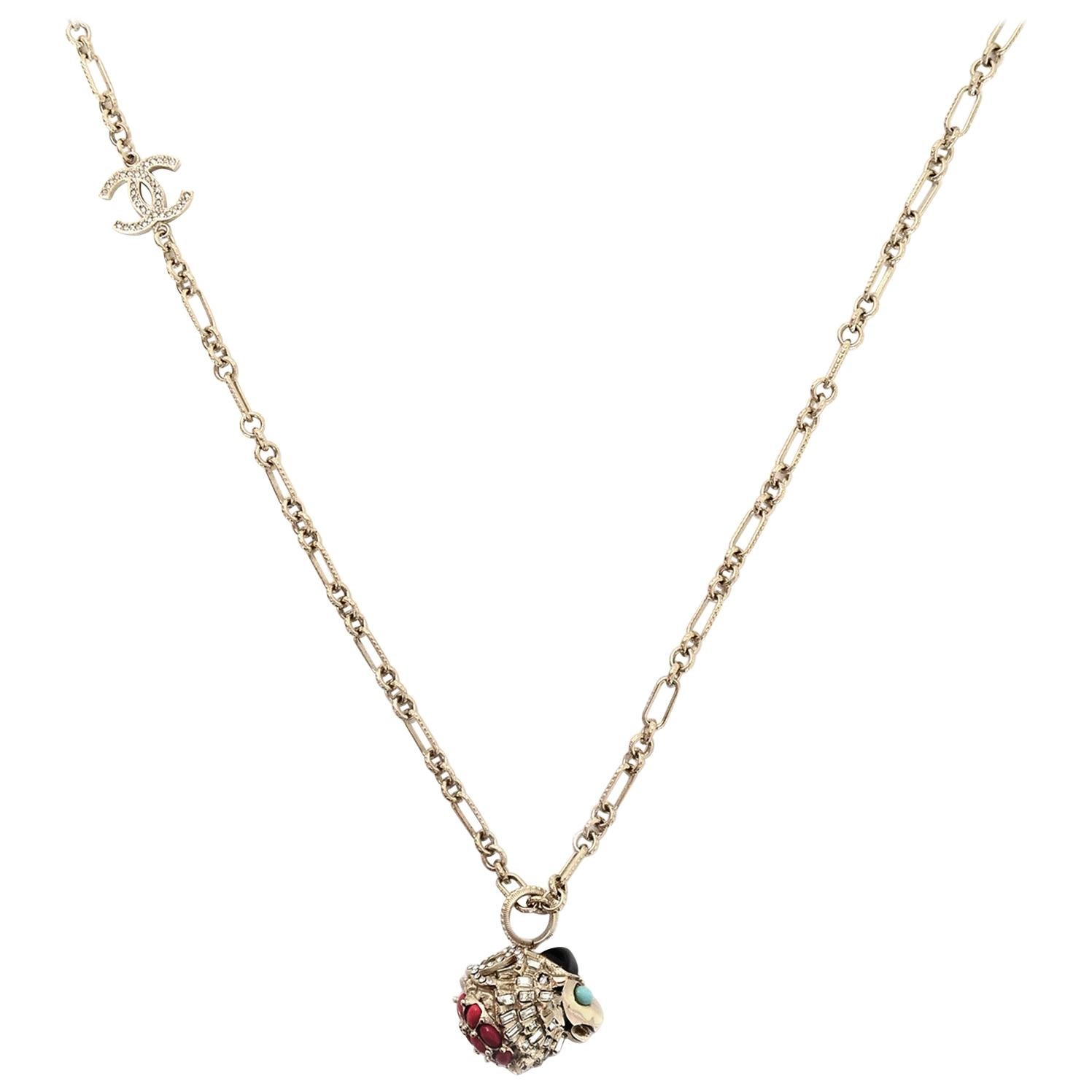 Chanel Light Goldtone Crystal/Stone Lion Head Pendant Long Chainlink CC Necklace