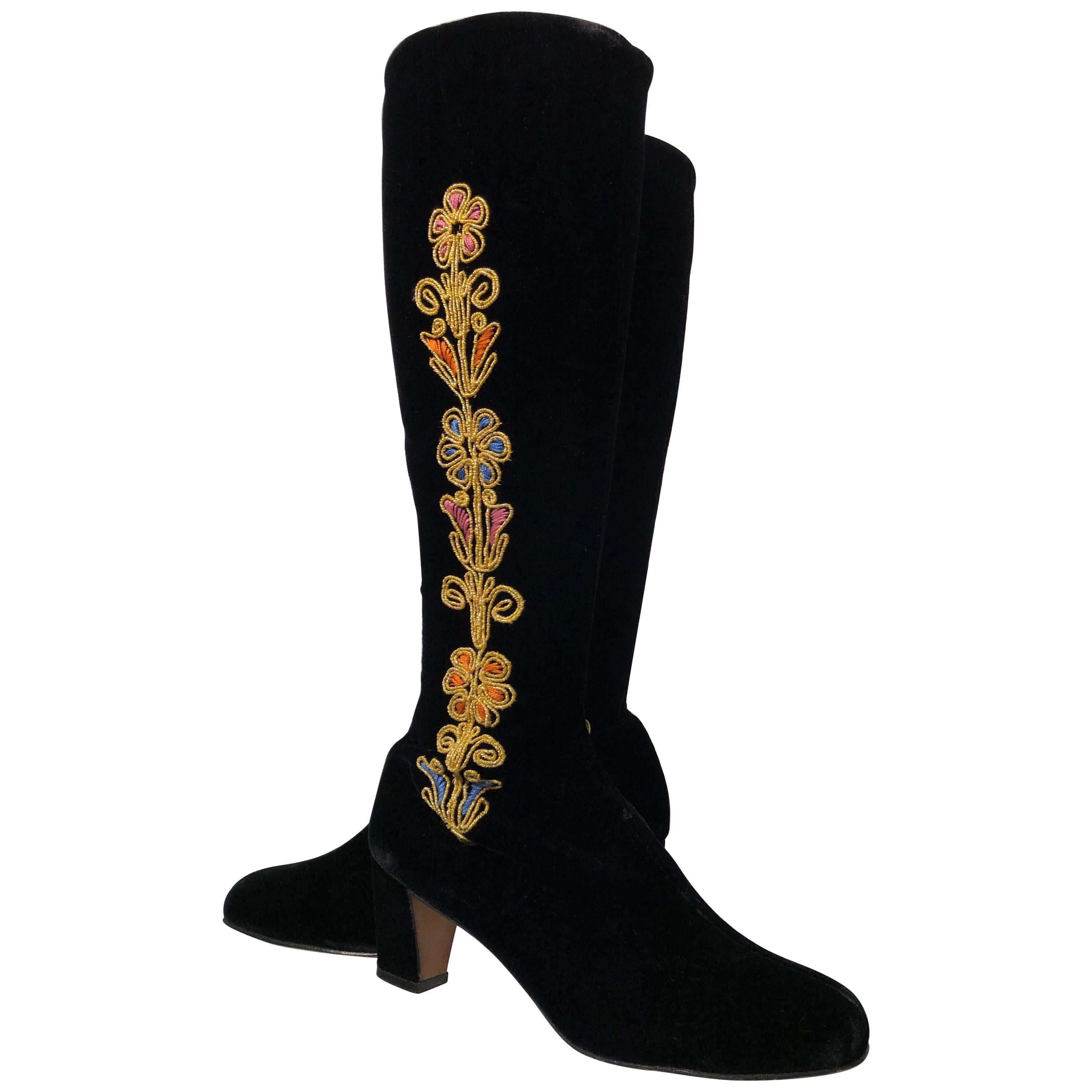 Black Velvet Knee-High Boots With Romantic Floral Cord Embroidery, 1960s  