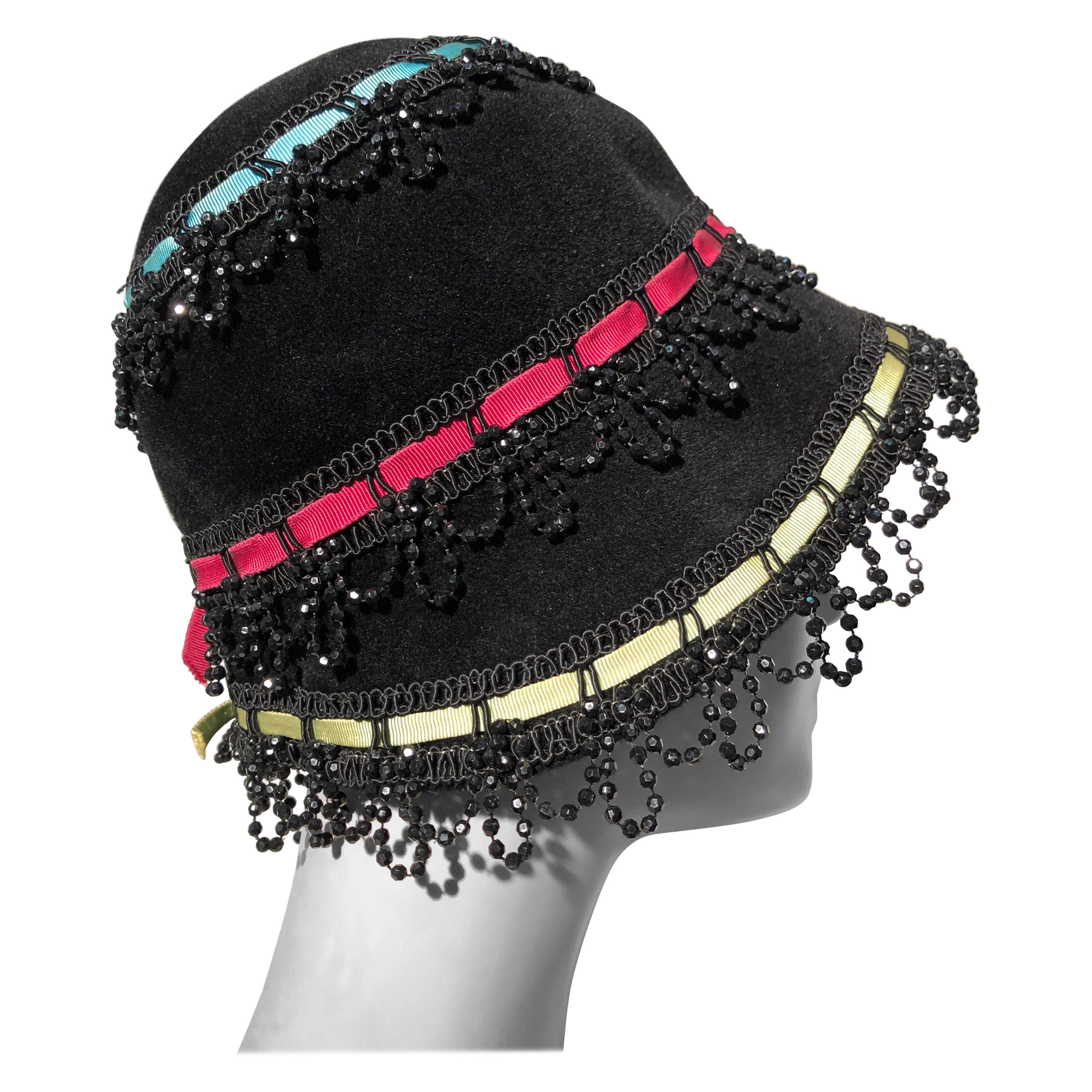 Yves Saint Laurent Black Felt Bucket Hat With Color Ribbons and Bead Trim, 1960s