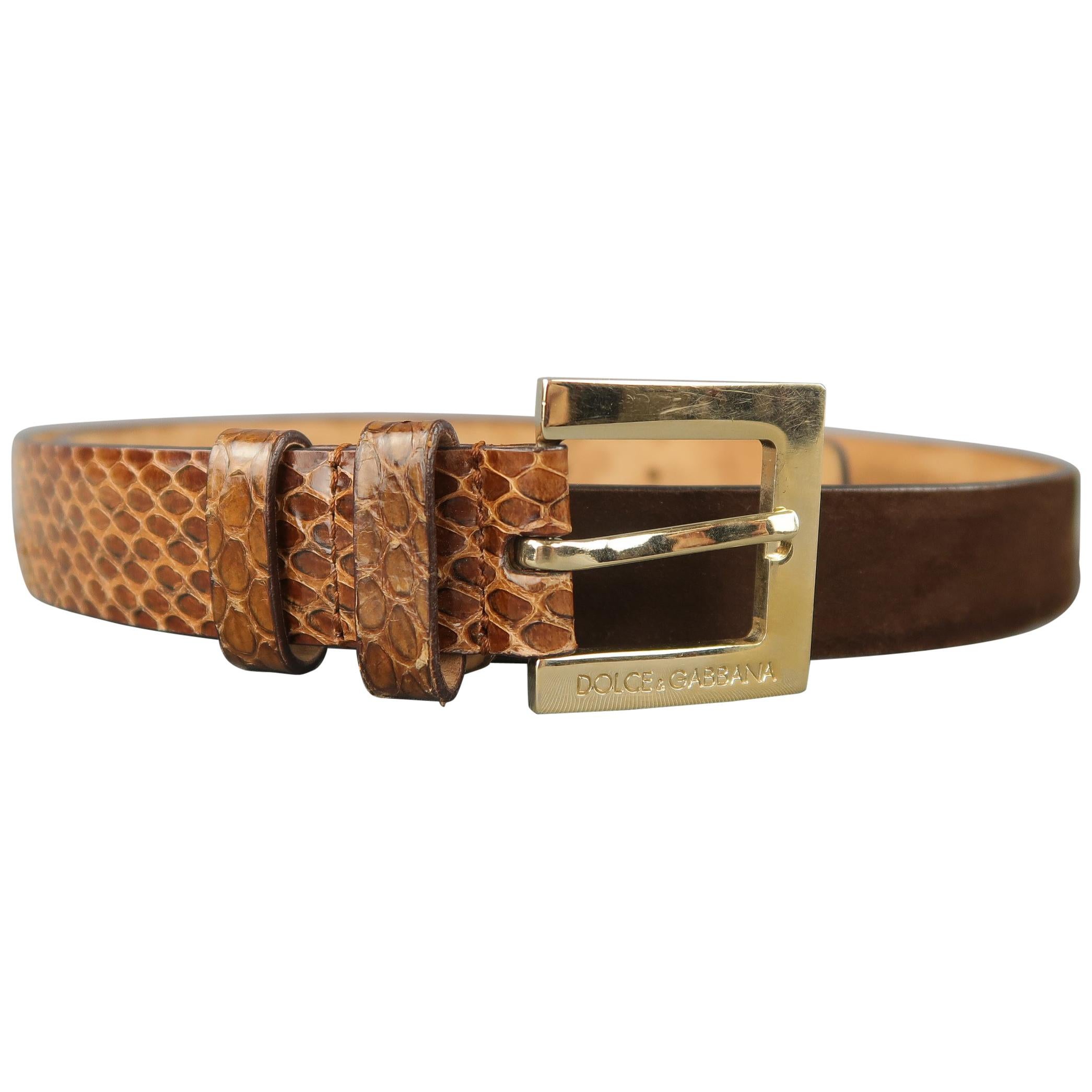 DOLCE & GABBANA Size 36 Brown Suede & Snakeskin Leather Belt