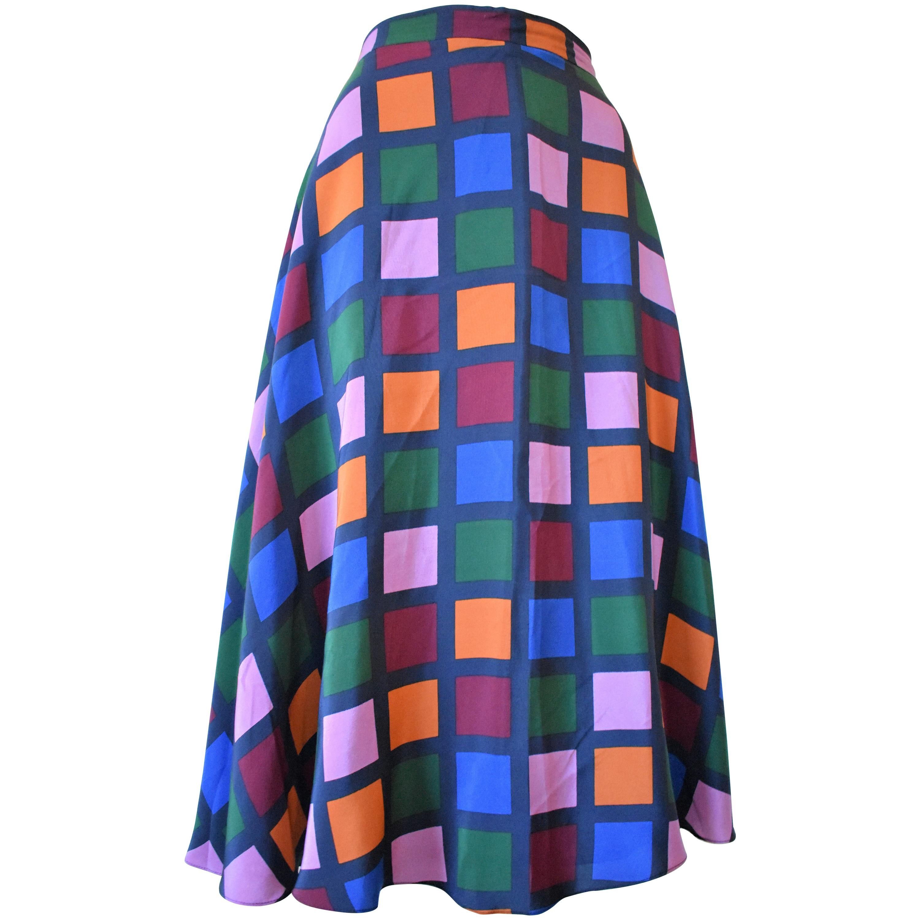 Vintage Colorful Checkered Harlequin Silk Skirt, Circa 1980s For Sale