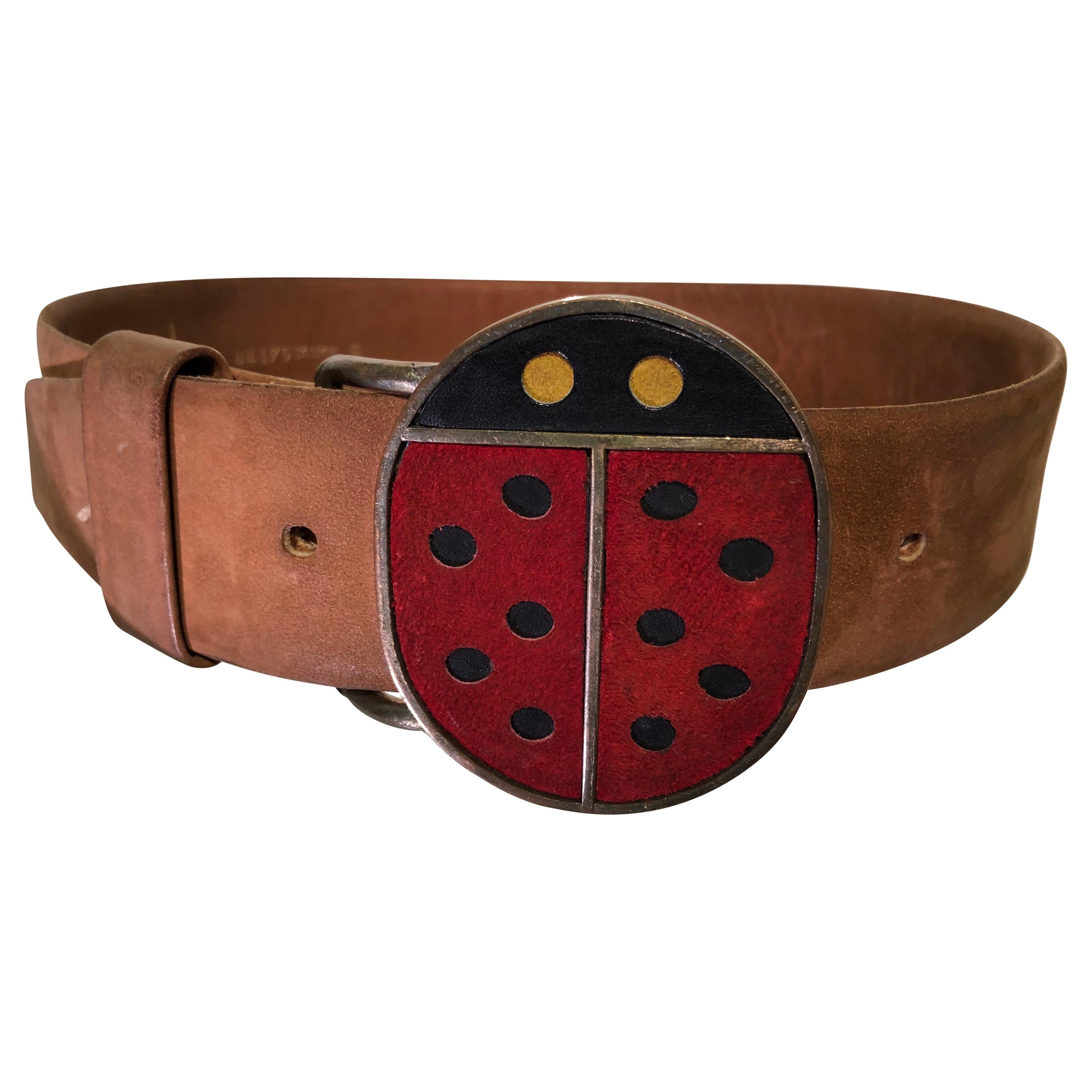 1960s Vera Ladybug Suede Belt Buckle W/ Brown Leather Belt