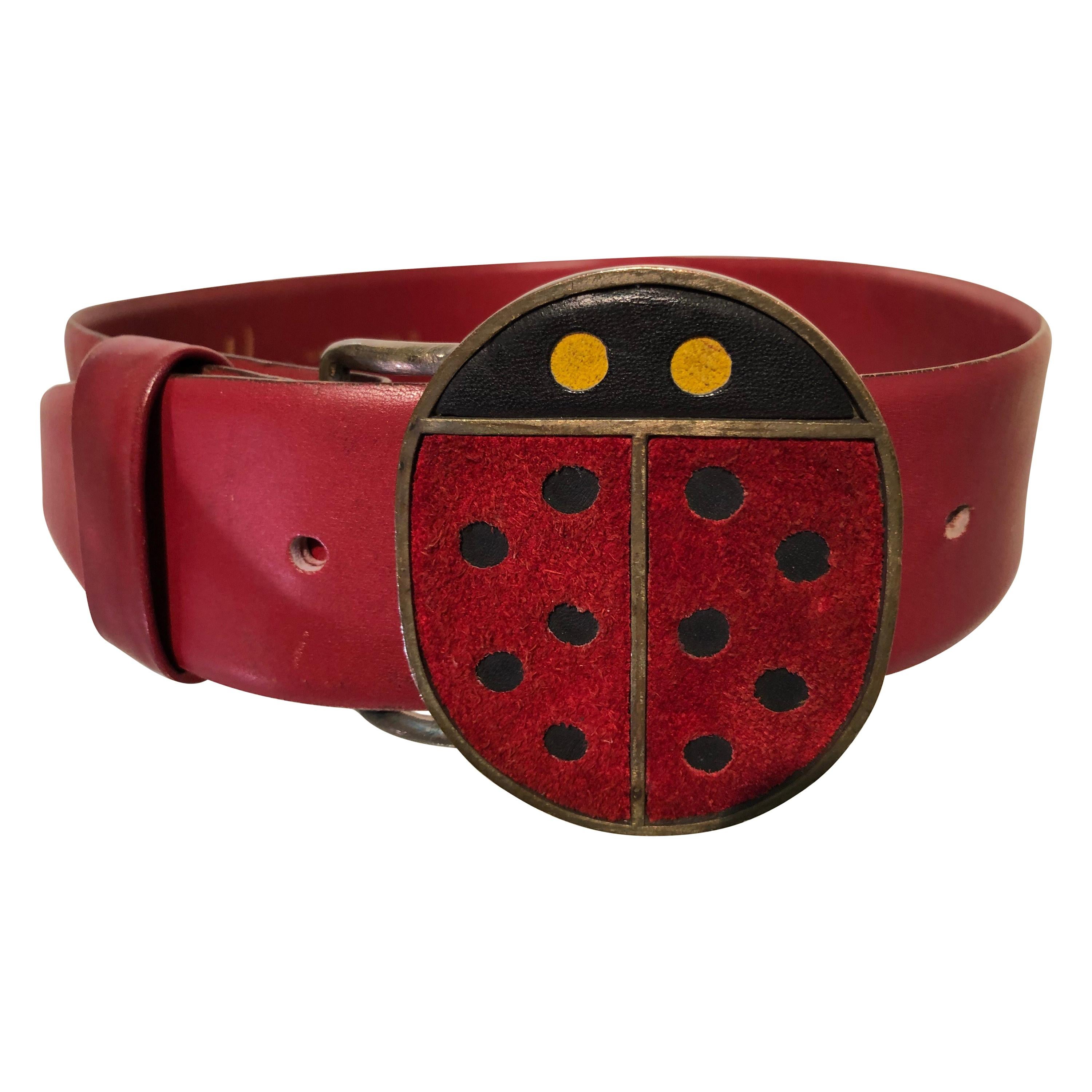 1960s Vera Ladybug Suede Belt Buckle W/ Red Leather Belt For Sale